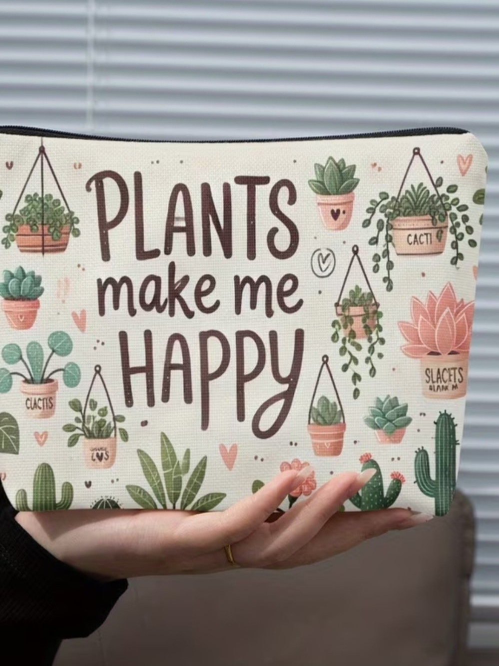 Plants Make Me Happy Zipper Pouch - Cream & Green